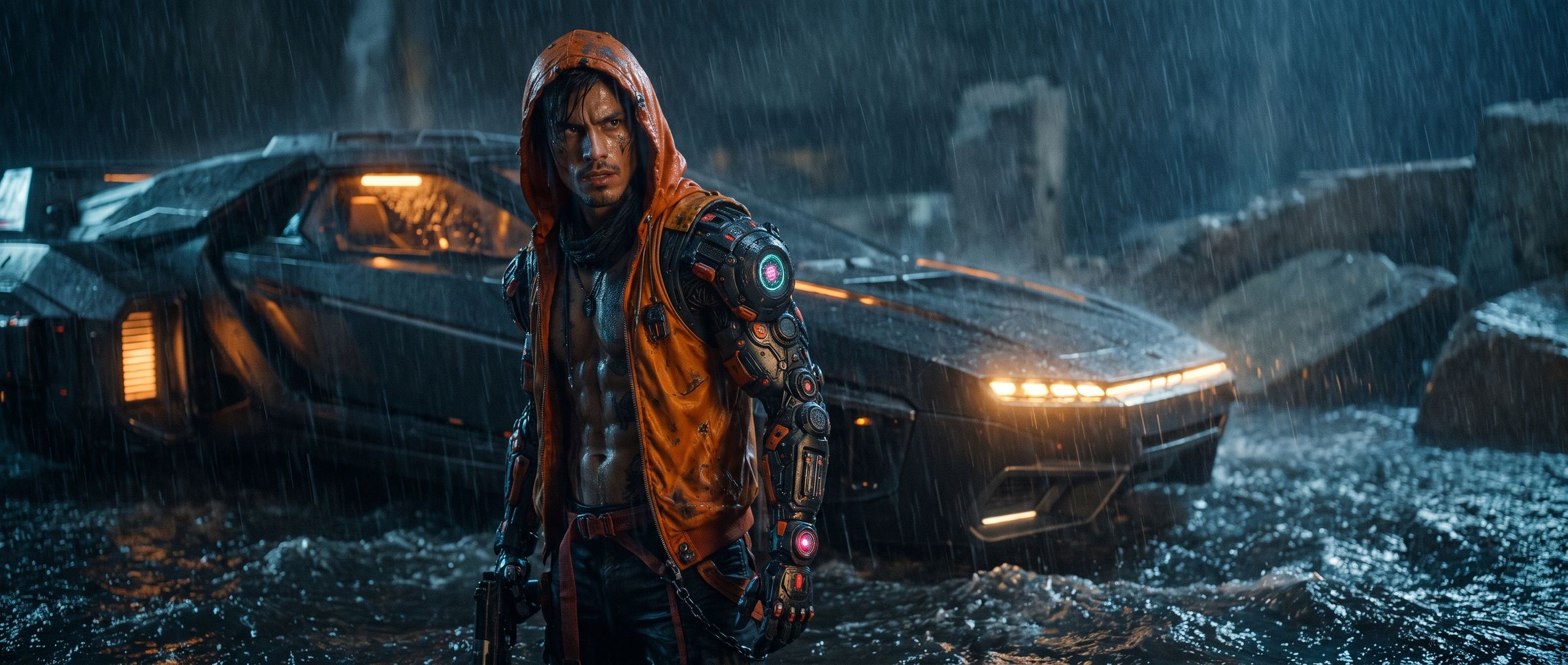 Neon in the rain beside his VTOL
