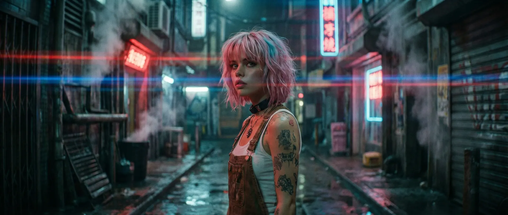 Vex in a neon-lit, rain-wet alley, lens flares cutting across the frame.