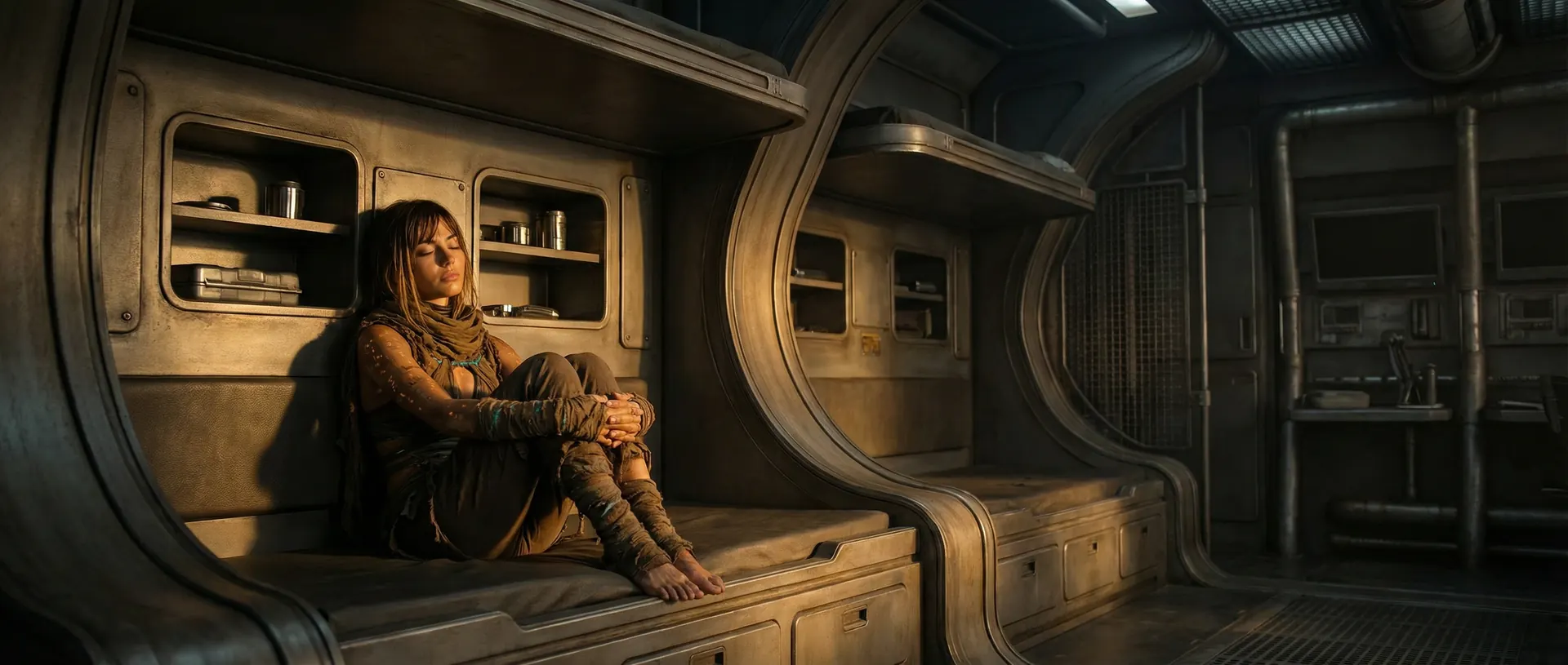 A young woman in ragged wraps sleeps curled on a bunk inside a worn, curving metal habitat.