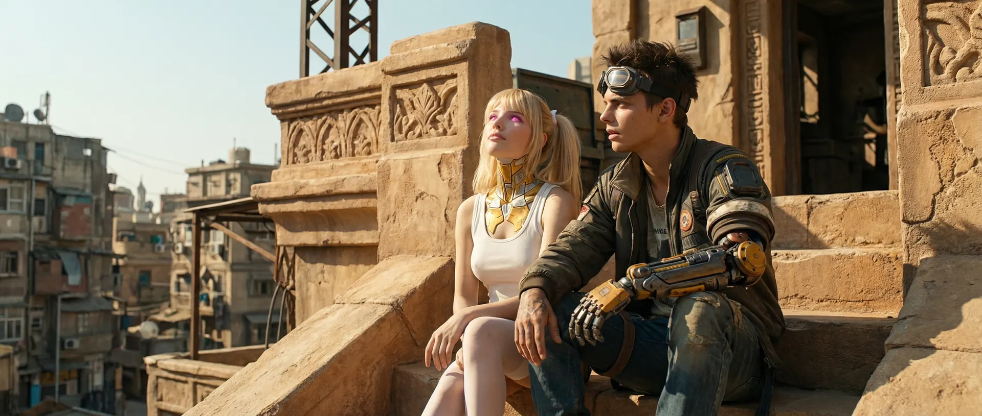 A blonde girl and a goggled young man with a mechanical arm sit on carved stone steps above a sunlit sprawl.