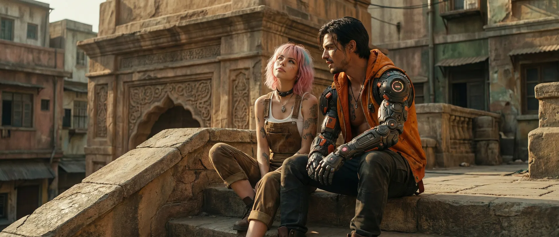 Vex and Neon sit together on weathered stone steps among old city buildings.