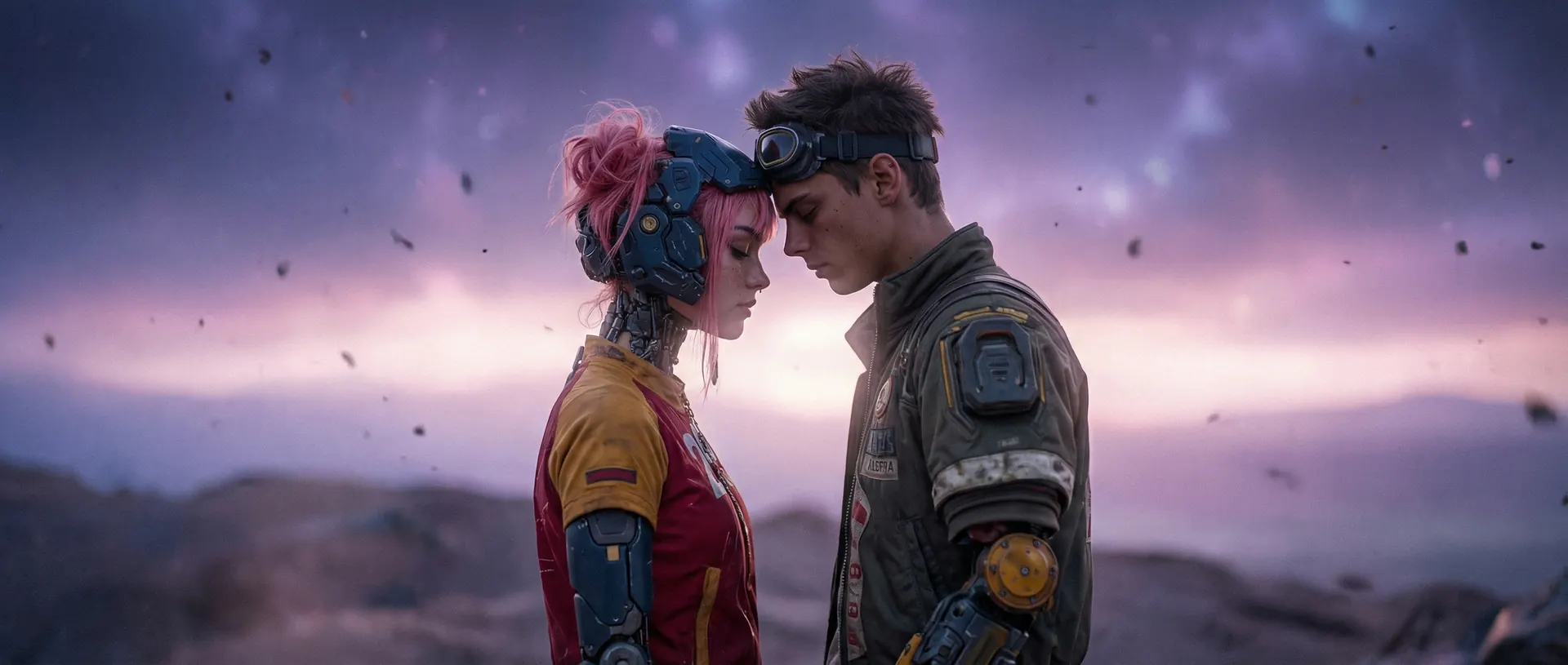 Two figures touch foreheads beneath a violet, star-flecked sky.