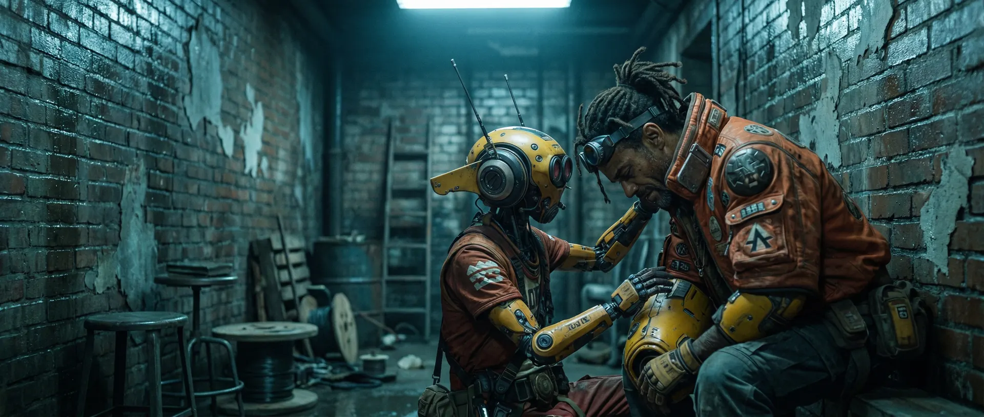 A small yellow-helmeted robot tends to a dreadlocked man in orange armour in a bare brick room.