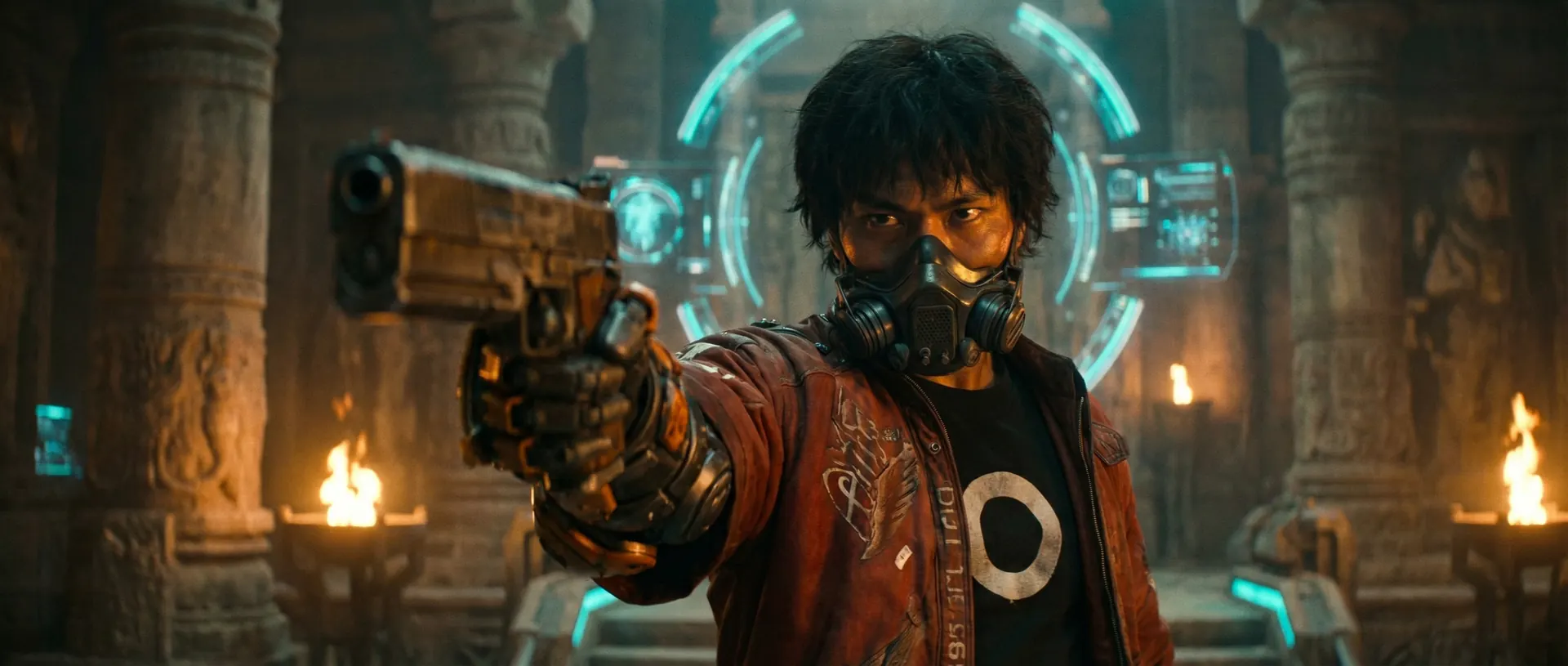 A gas-masked gunman in a red jacket aims a pistol through holographic rings in a torchlit stone temple.