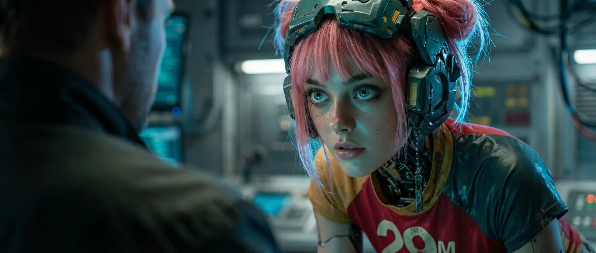 A pink-haired girl in a headset looks up at a man across a cluttered control room.