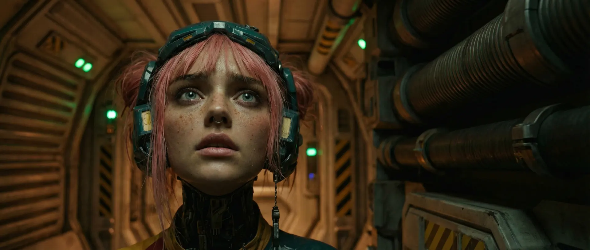 A freckled pink-haired girl in a headset stares up, wide-eyed, in an amber-lit corridor.
