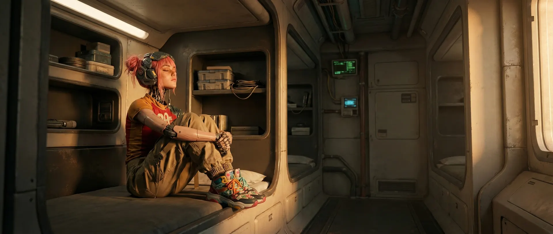 A pink-haired girl in headphones sits with her eyes closed on a bunk in a cramped cabin.