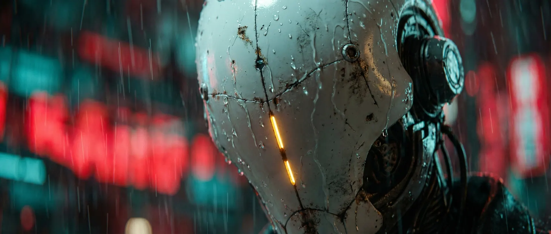 Rain runs down the cracked white faceplate of an android against blurred neon signs.