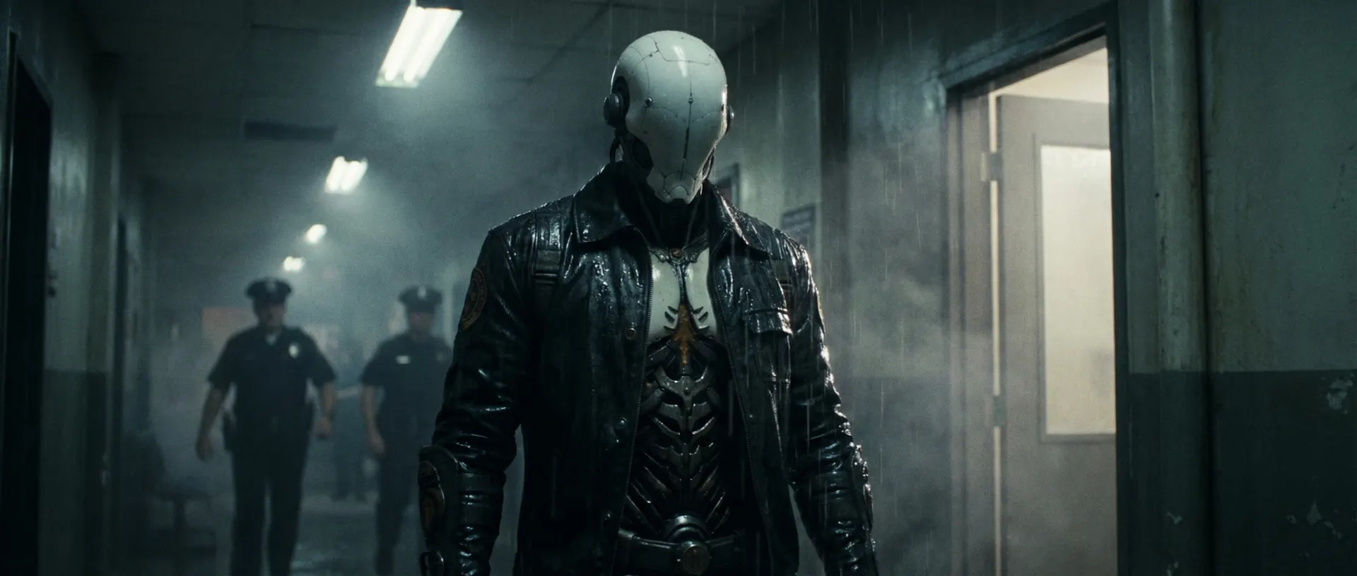 A white-masked figure in a black leather coat walks a smoky corridor as police officers follow.
