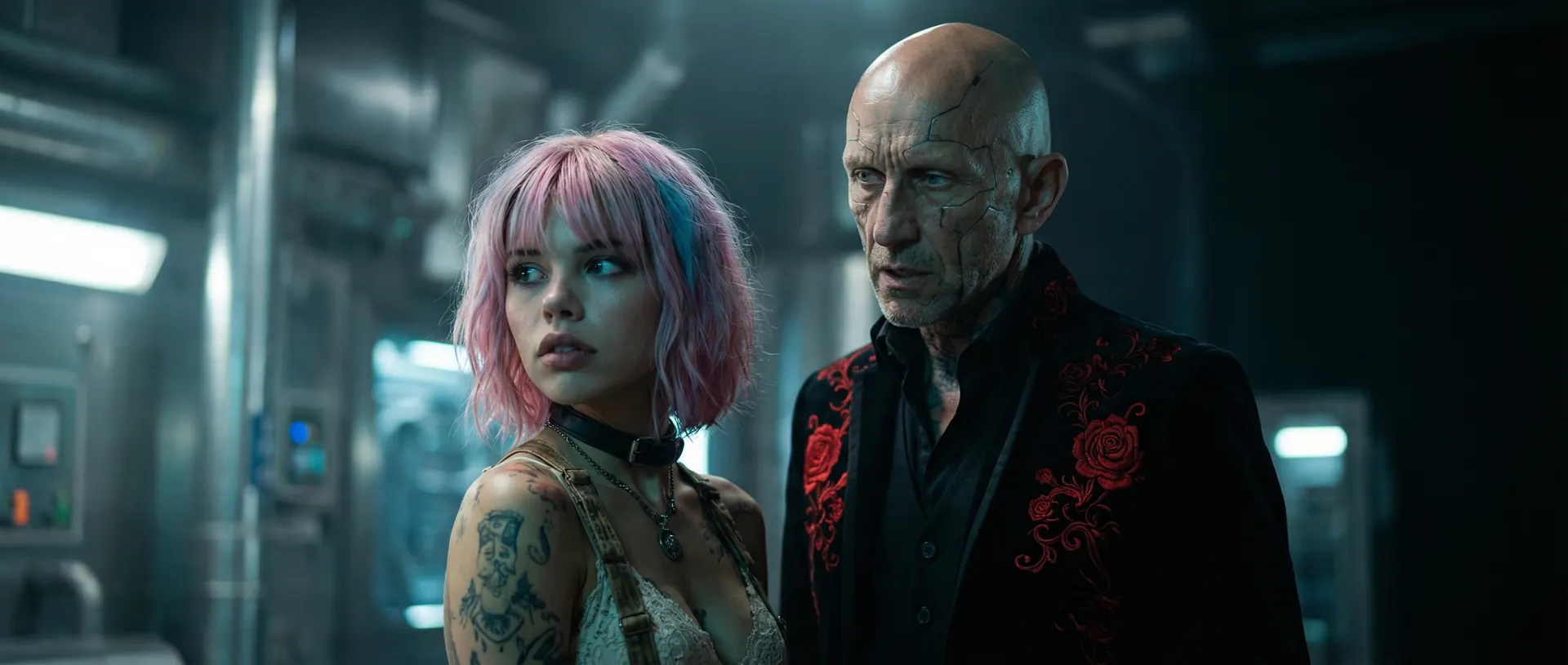 Vex beside a bald, scarred man in a rose-embroidered coat in a dim industrial room.