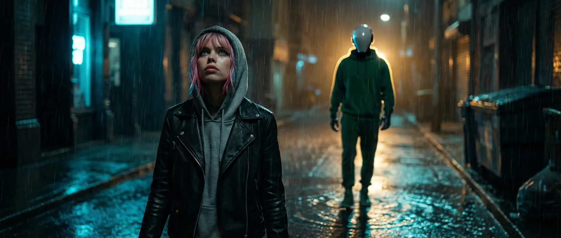 Vex, hood up, in a rain-soaked alley, a white-masked figure in green walking behind her.