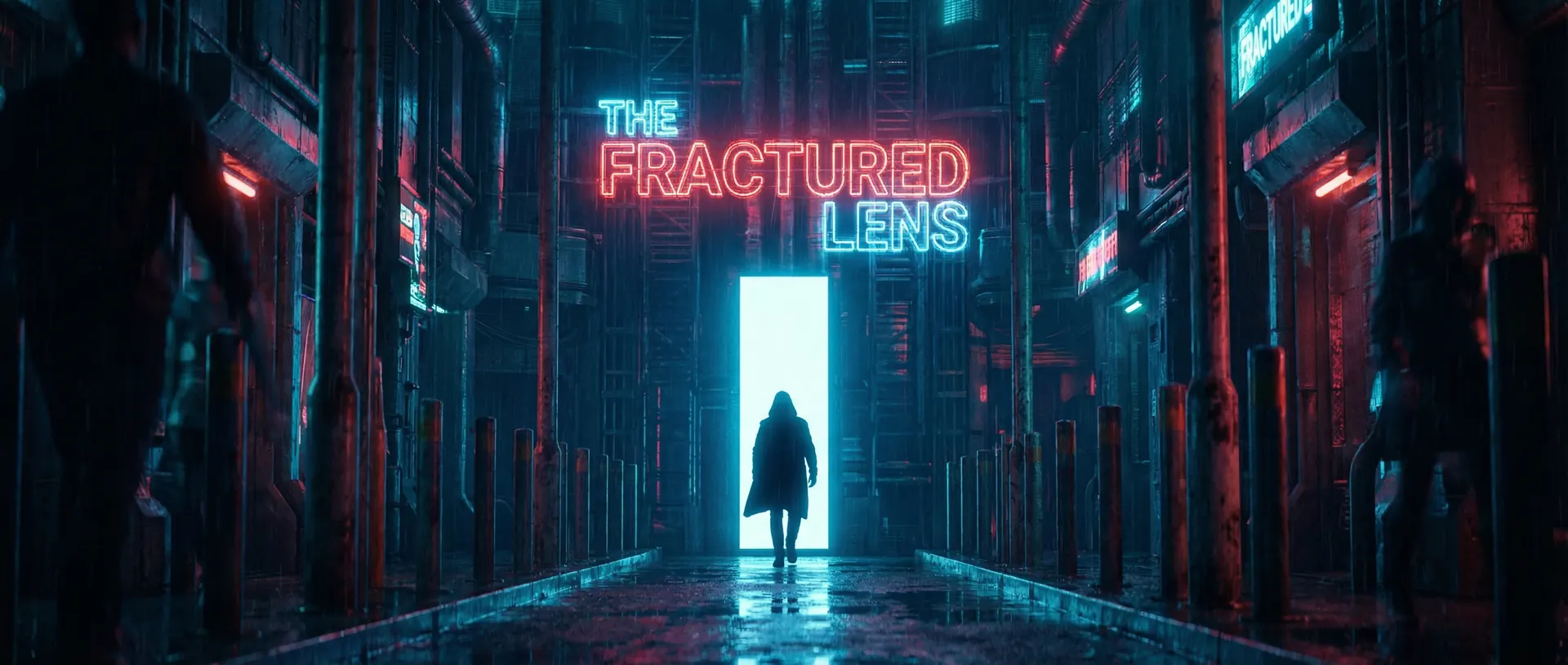 A lone figure silhouetted in the doorway of The Fractured Lens, a neon-signed club at the end of a dark alley.