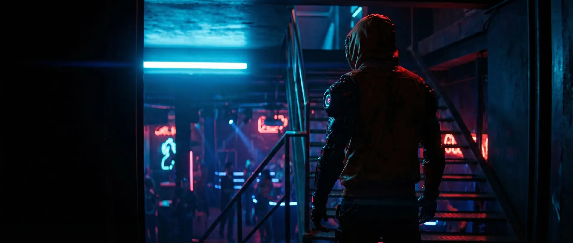 Neon, hood up, descends a stairwell towards a neon-lit club.