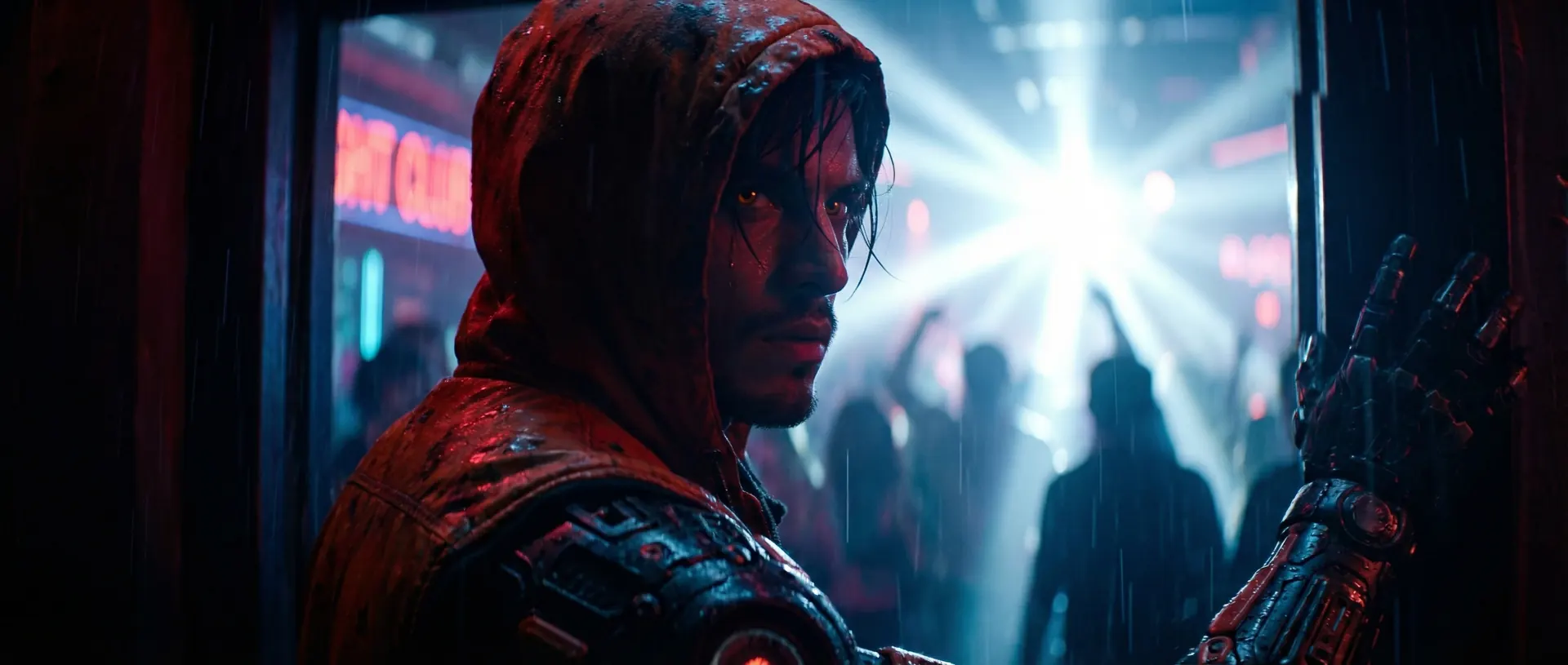 Neon, soaked and hooded, raises a mechanical hand in front of a crowded club's blinding lights.