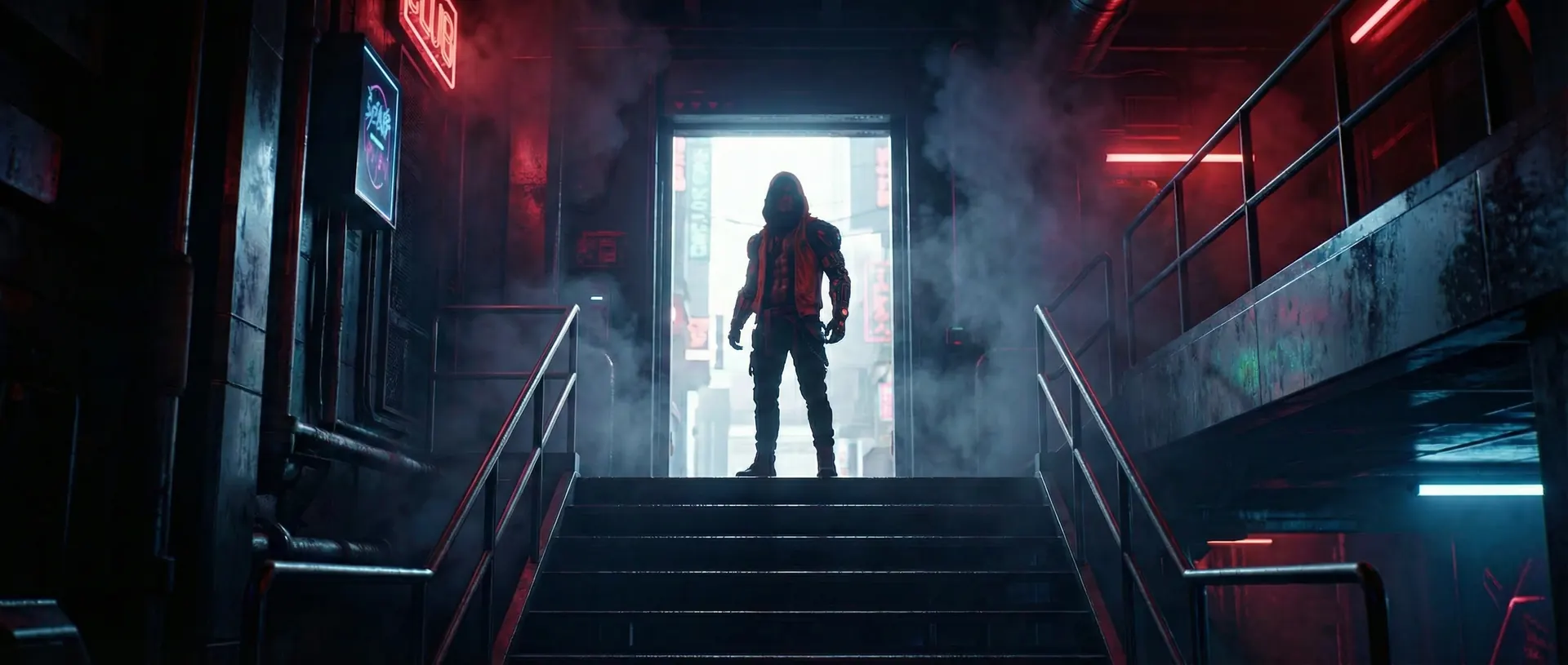 A hooded figure stands in a smoke-filled doorway at the top of a red-lit stairwell.