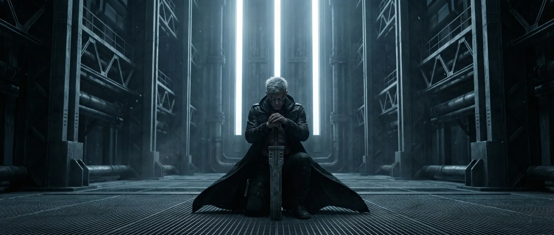 A white-haired figure in a long coat kneels on a sword in a vast steel hall striped with light.
