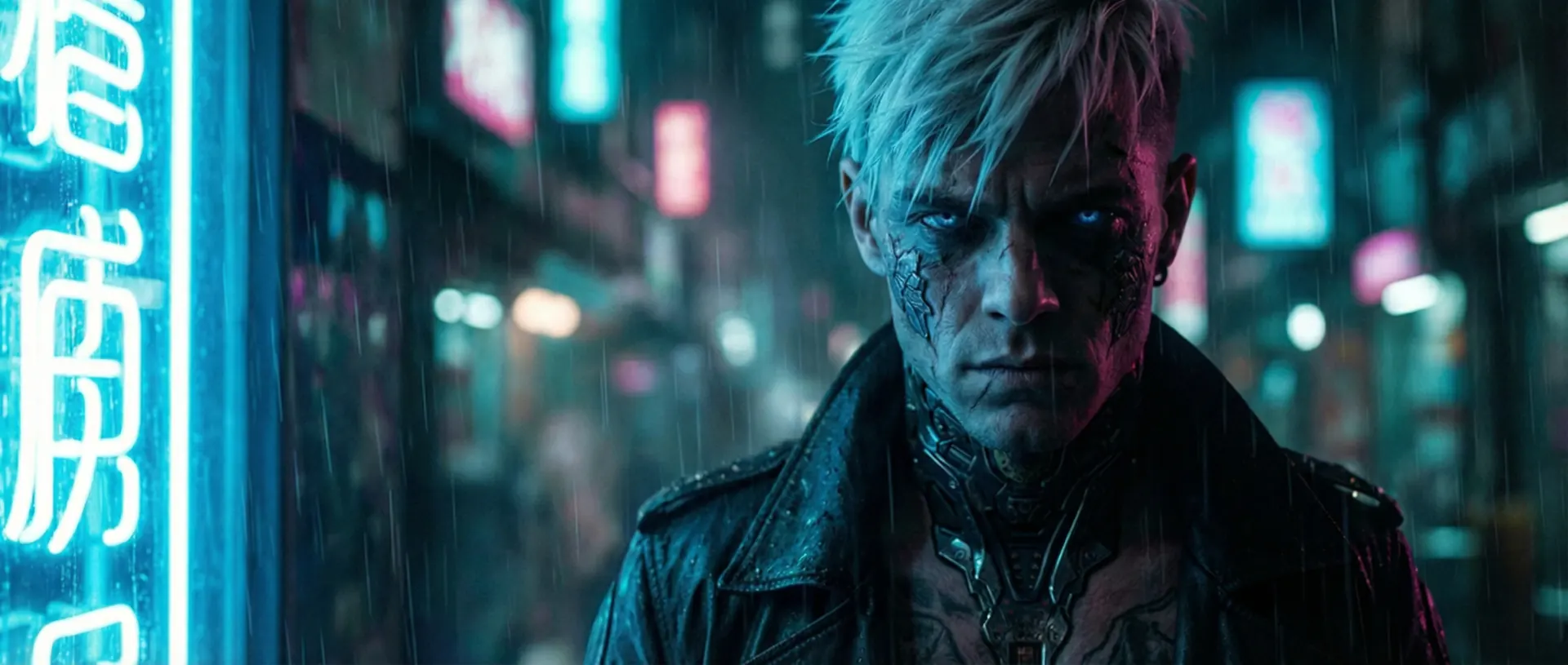 A white-haired man with cracked, cybernetic skin and glowing blue eyes stands in neon rain.