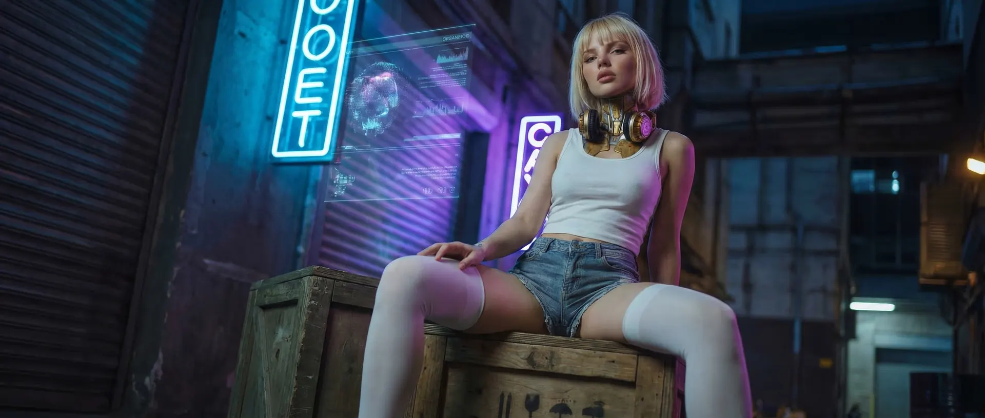 Exe sits on a crate beneath neon signs in a back alley, headphones around her neck.