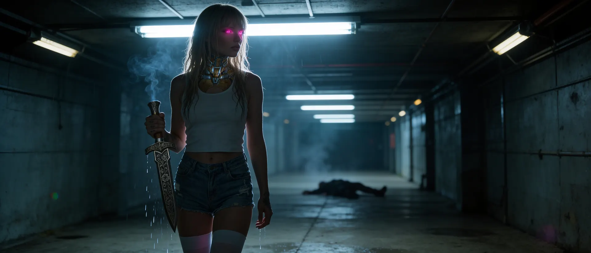Exe walks a dim corridor with a dripping blade, eyes glowing pink, a body on the floor behind her.