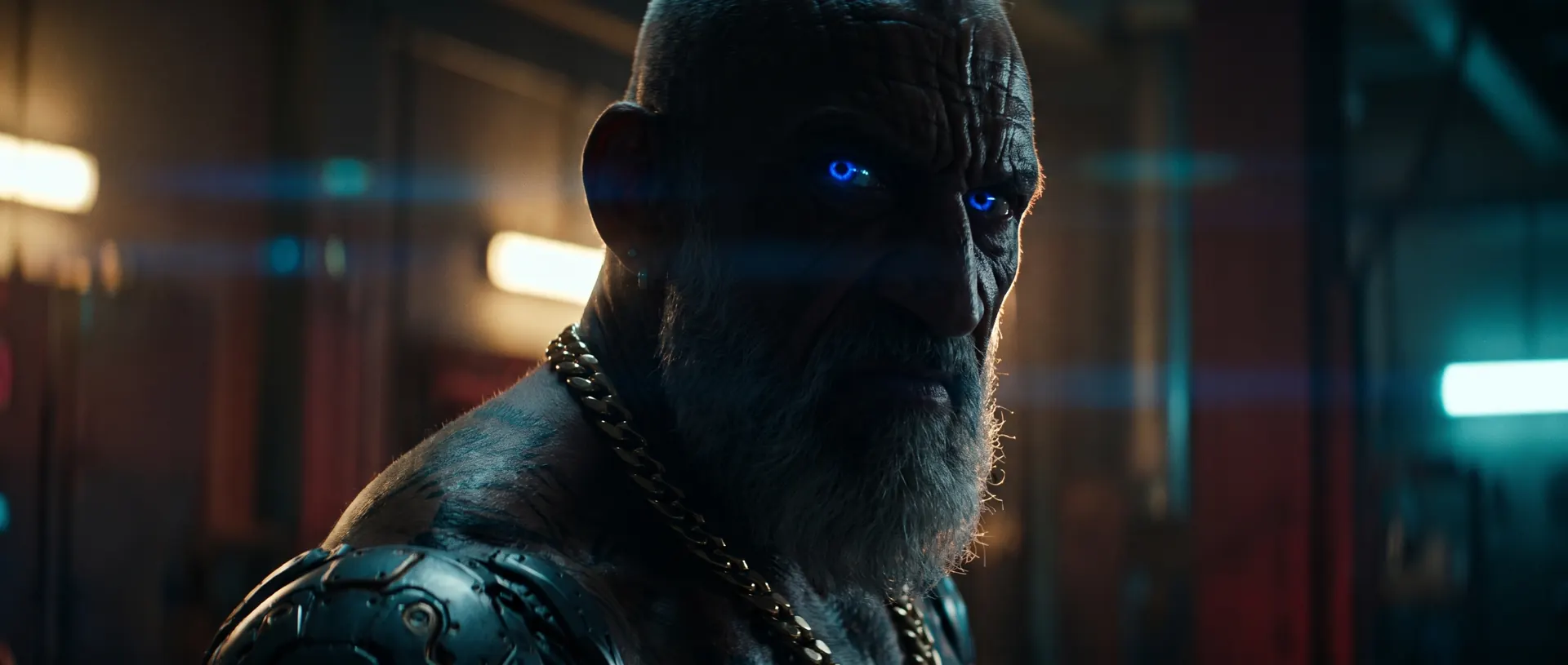 Ricky, bearded and battle-worn, glares with glowing blue eyes in a dark corridor.