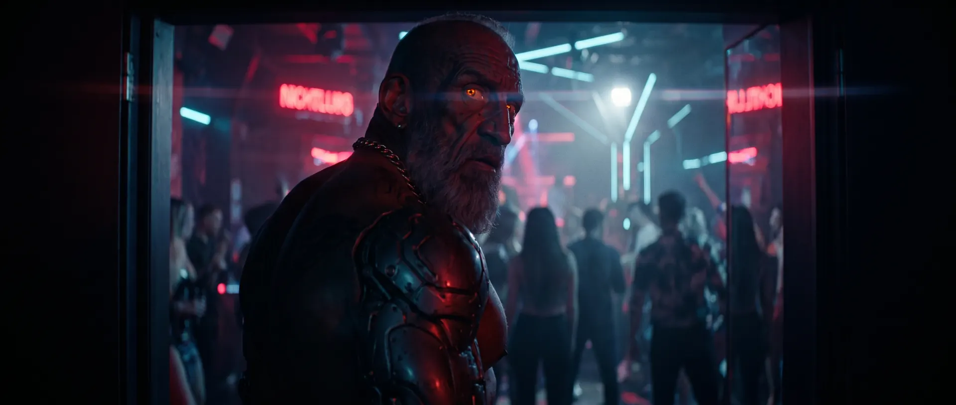 Ricky, scarred and armoured, stands in the doorway of a crowded neon club.