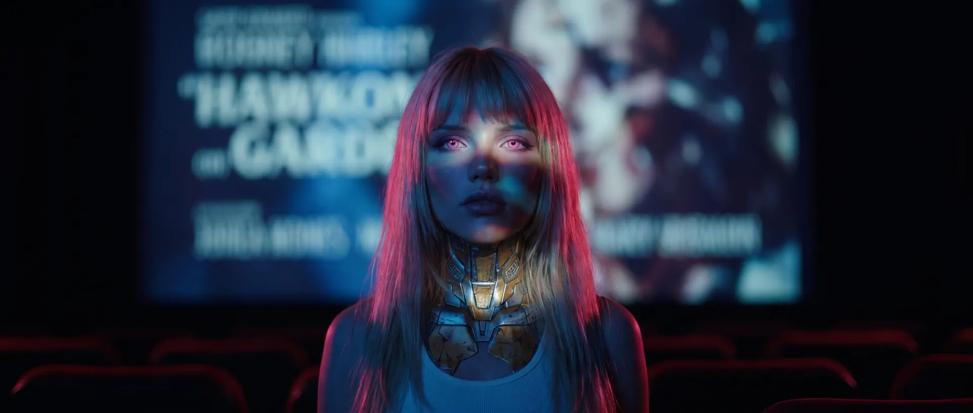 Exe stands in an empty cinema, eyes glowing pink in the light of the screen.