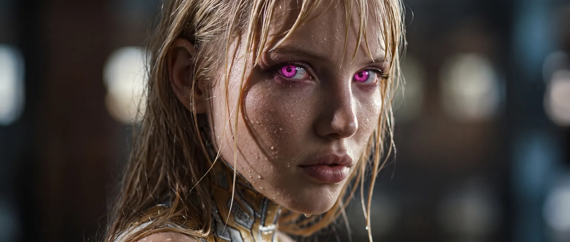 Close-up of Exe, rain-soaked, with glowing pink eyes and a golden circuit collar.
