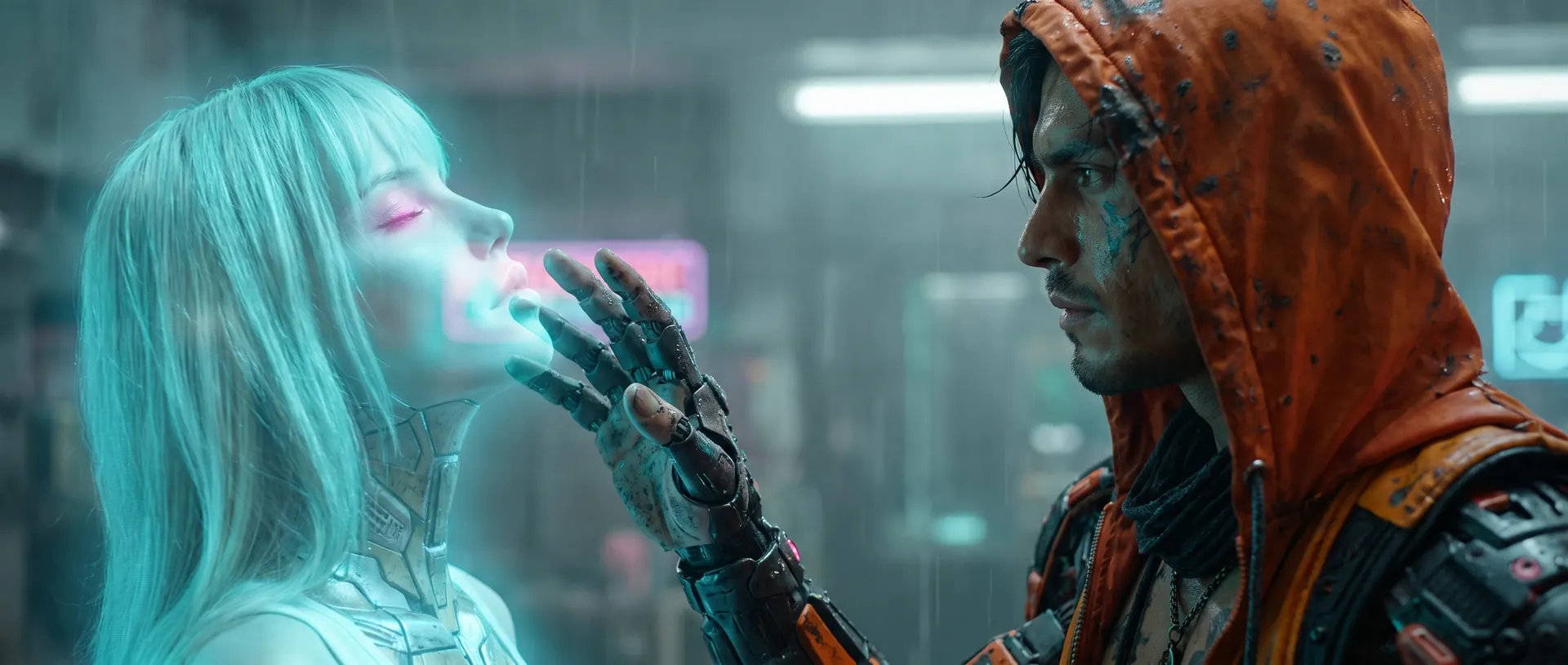 Neon reaches a mechanical hand towards the glowing, teal-haired hologram of a woman in the rain.