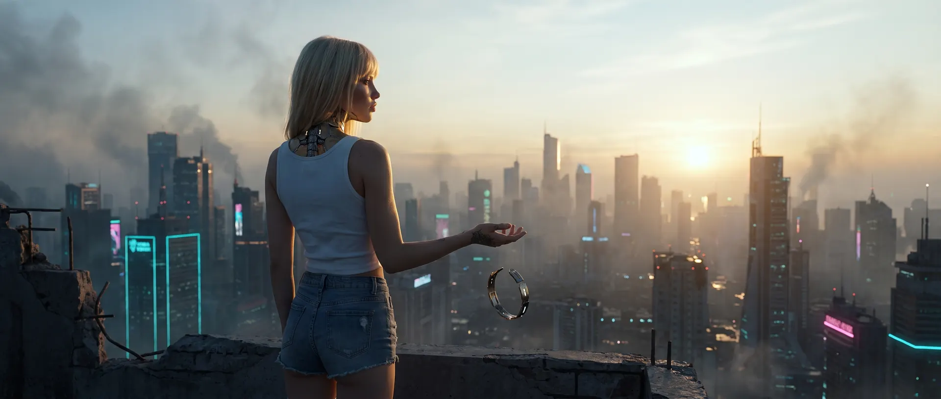 Exe on a rooftop above a smoking city skyline at sunset, a broken bracelet falling from her hand.