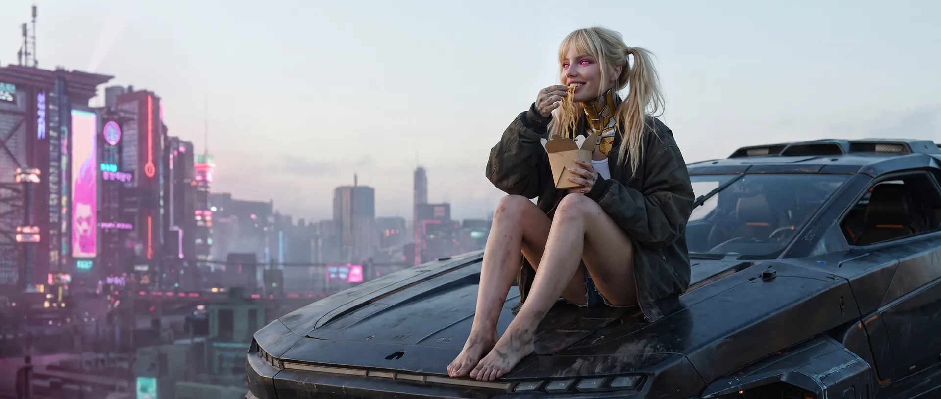 Exe, in pigtails and an oversized jacket, eats from a takeaway box on the bonnet of a black car above a neon city.