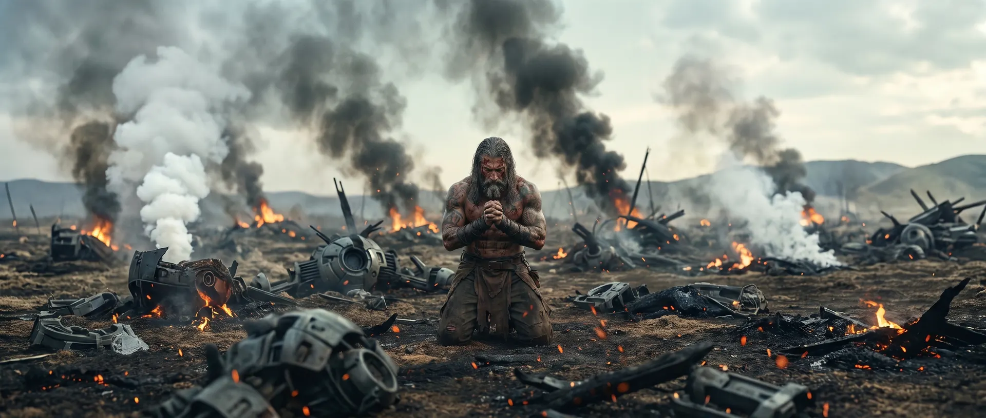 A bearded warrior kneels in prayer on a burning battlefield strewn with wrecked machines.