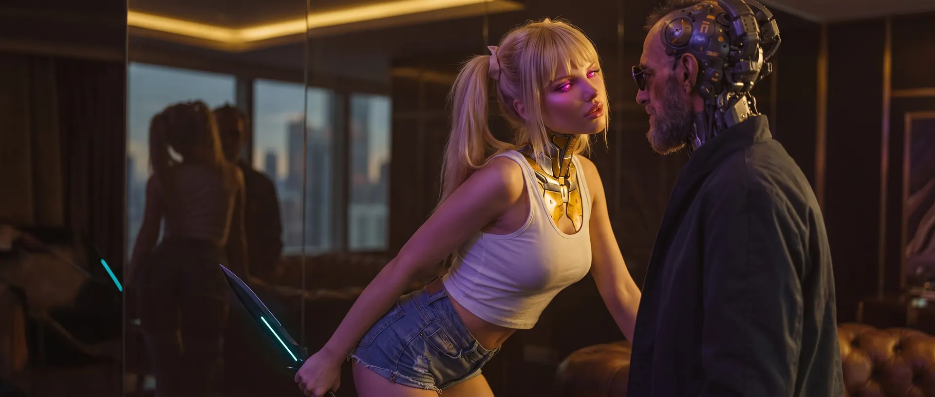 Exe, a glowing blade hidden behind her back, leans towards a cyborg man in a penthouse at dusk.