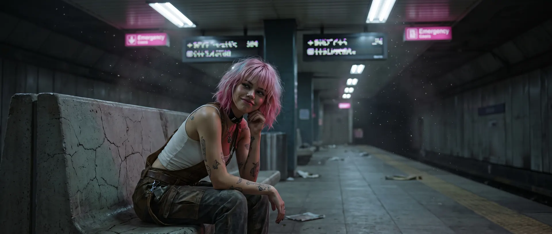 Vex sits smiling on a bench on an empty underground platform.